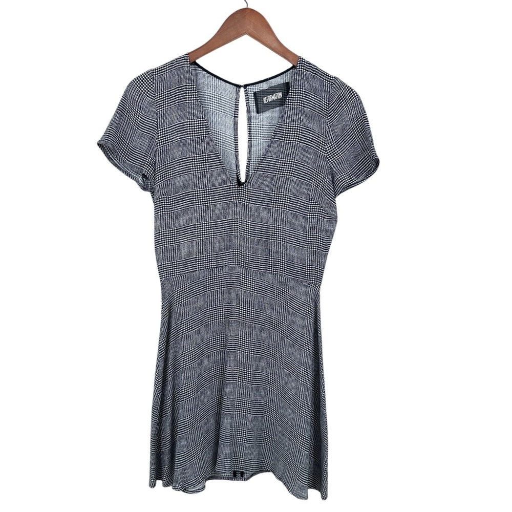 REFORMATION Mini Dress Short Sleeve Houndstooth Black White